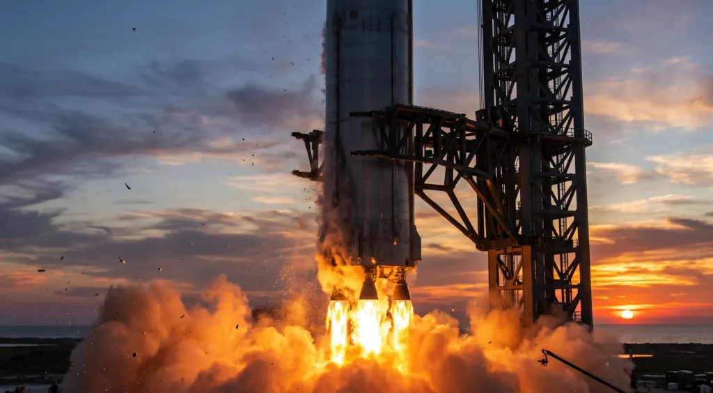O momento exato em que a torre Mechazilla captura o propulsor Super Heavy da SpaceX.