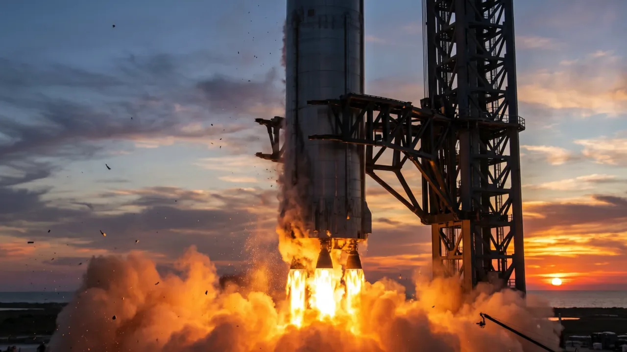 O momento exato em que a torre Mechazilla captura o propulsor Super Heavy da SpaceX.