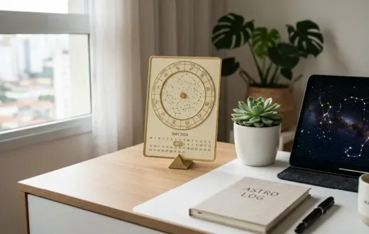 Calendário celestial e constelações sobre mesa de trabalho iluminada para o horóscopo de hoje.