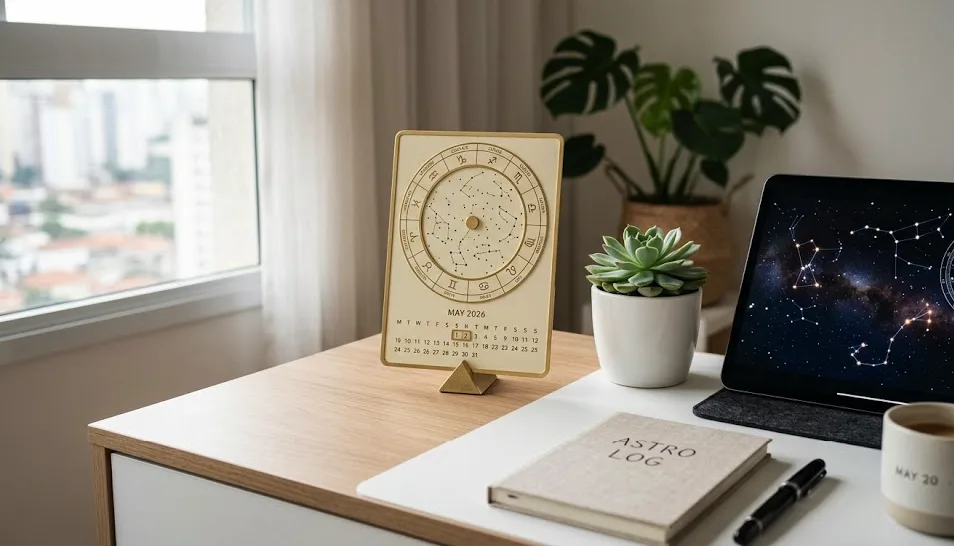 Calendário celestial e constelações sobre mesa de trabalho iluminada para o horóscopo de hoje.