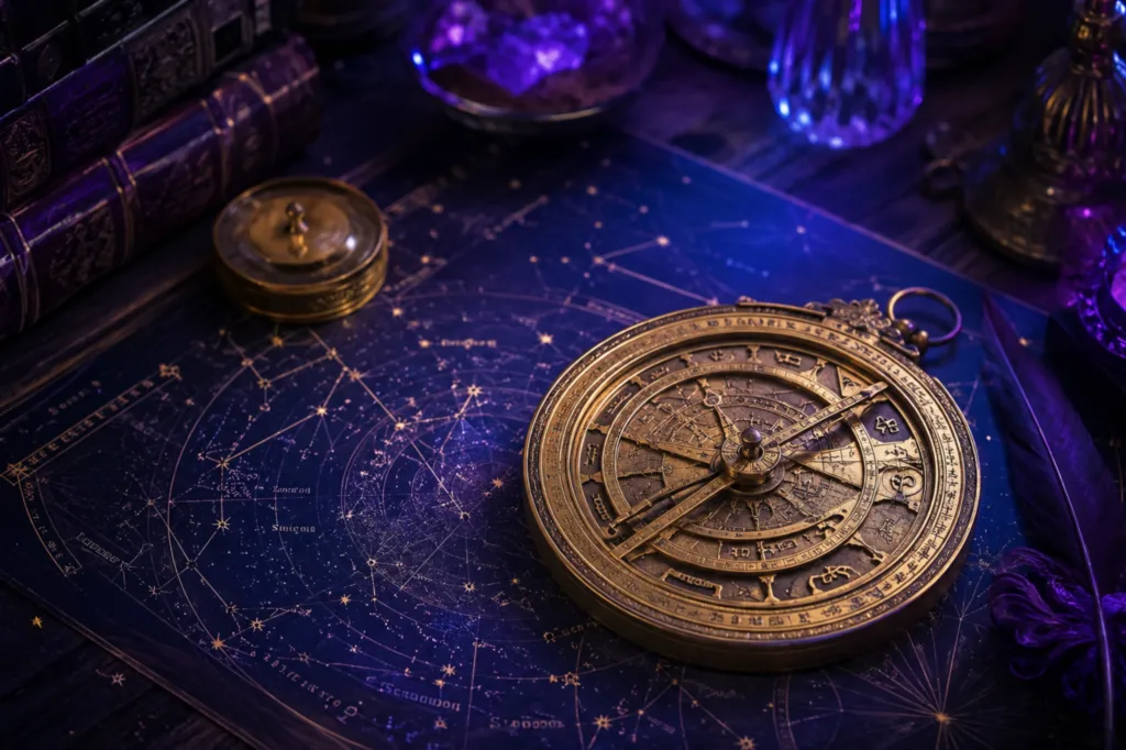 Mapa astral e elementos astrológicos representando o horóscopo de hoje completo para os 12 signos.