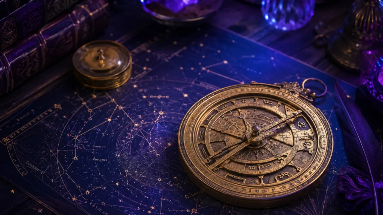 Mapa astral e elementos astrológicos representando o horóscopo de hoje completo para os 12 signos.