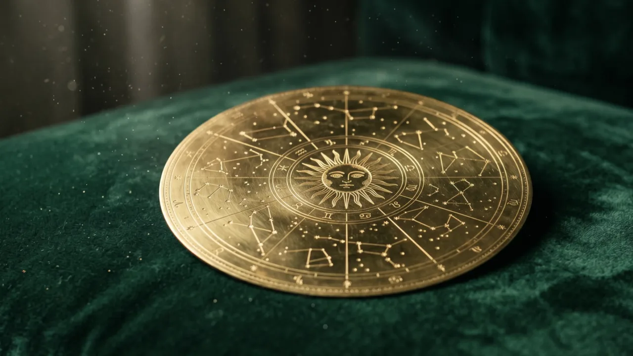 Símbolo dourado do Sol e constelações representando as previsões do horóscopo de hoje para os 12 signos.