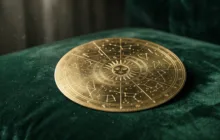 Símbolo dourado do Sol e constelações representando as previsões do horóscopo de hoje para os 12 signos.