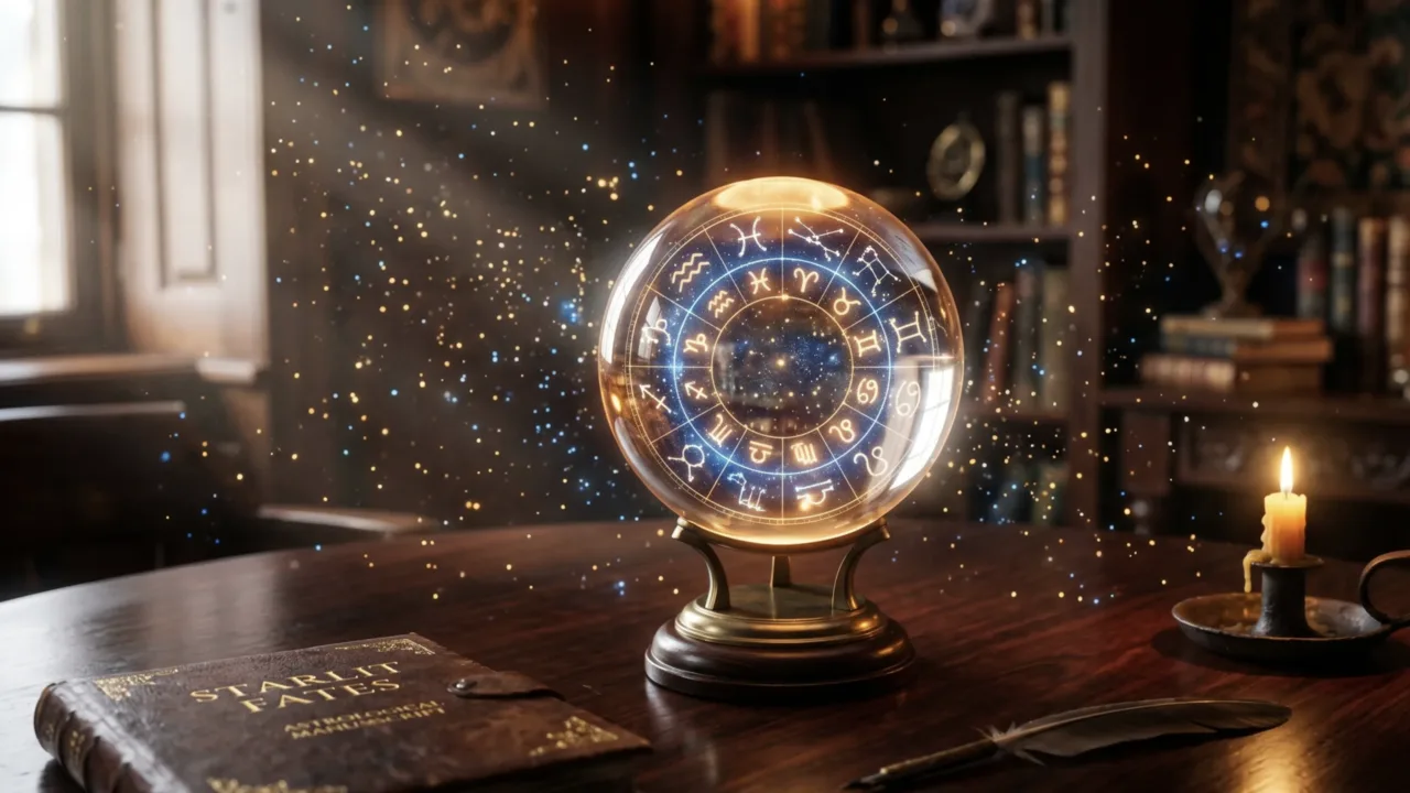 Bola de cristal iluminada refletindo constelações, representando as previsões do horóscopo de hoje para os 12 signos.