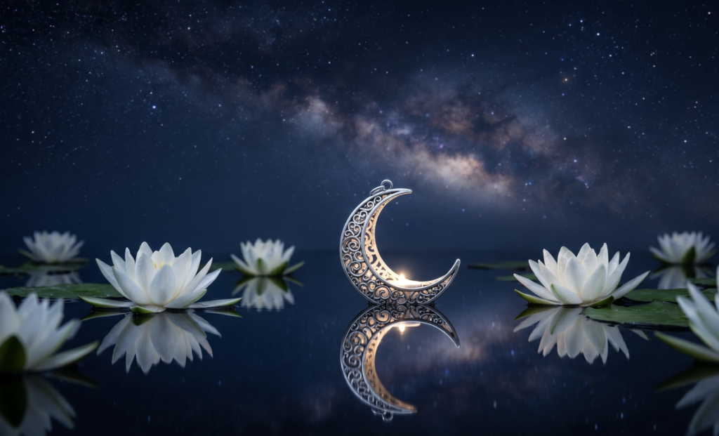 Horóscopo de hoje: Previsões completas para os 12 signos nesta segunda-feira, 22 de junho Lua crescente prateada ornamentada com uma luz interna, flutuando na água entre lírios brancos sob a Via Láctea