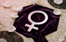 Símbolo astronômico de Vênus sobre veludo roxo com pétalas e mapas estelares, representando as previsões do horóscopo de hoje.
