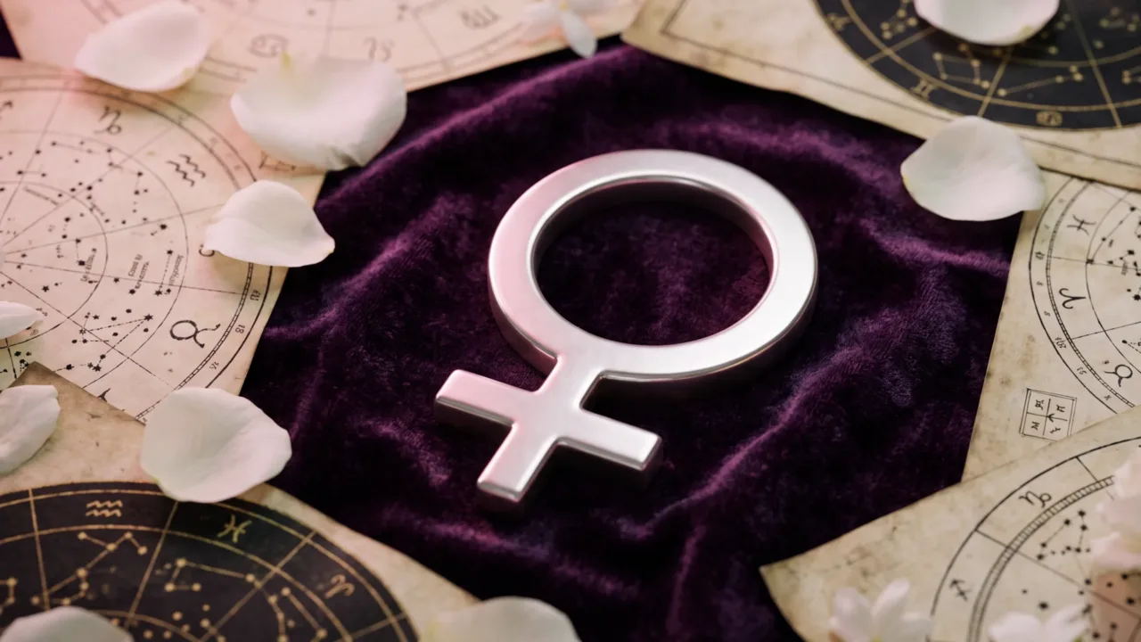 Símbolo astronômico de Vênus sobre veludo roxo com pétalas e mapas estelares, representando as previsões do horóscopo de hoje.