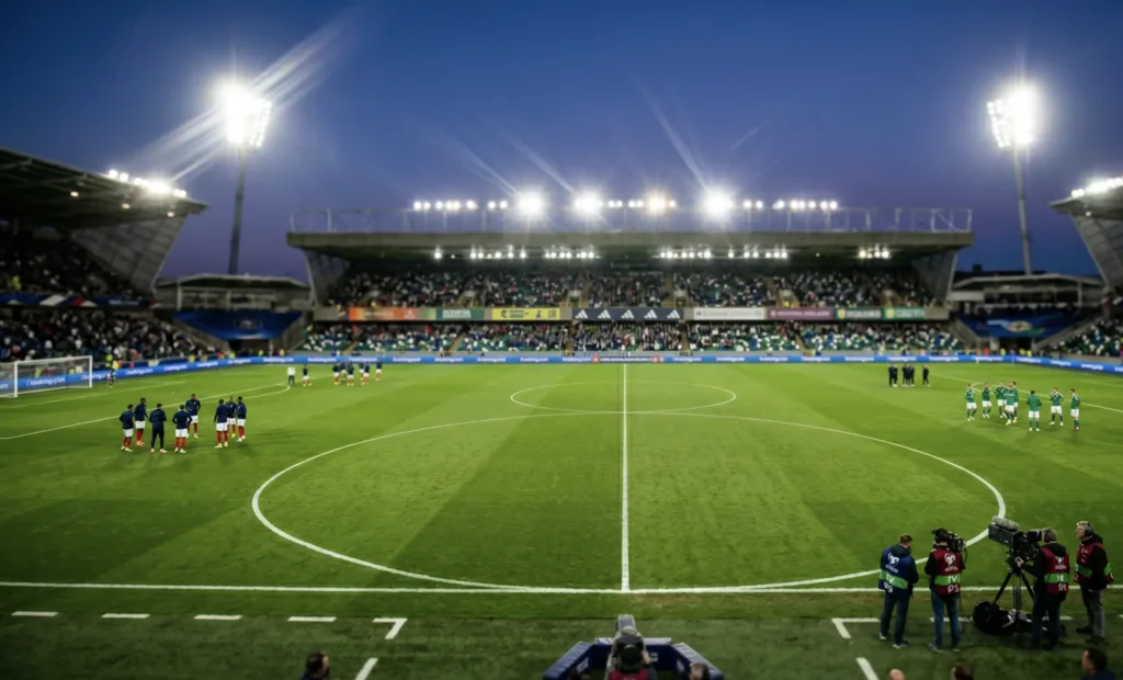 Bandeiras de França e Irlanda do Norte em um campo de futebol iluminado, representando o confronto de hoje.