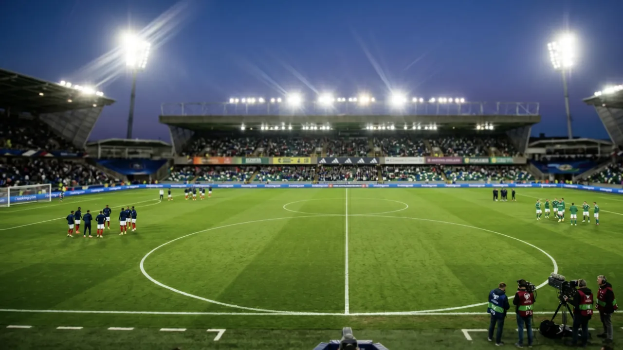 Bandeiras de França e Irlanda do Norte em um campo de futebol iluminado, representando o confronto de hoje.