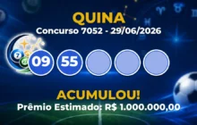 Quina Hoje: concurso 7052 acumula; confira o resultado
