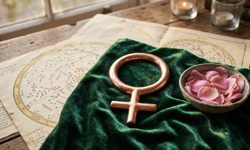 Horóscopo de hoje: Previsões completas para os 12 signos nesta sexta-feira, 3 de julho Símbolo astrológico de Vênus sobre veludo verde com pétalas de rosa e mapas estelares antigos, representando as previsões do horóscopo de hoje para a sexta-feira.