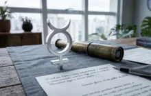 Símbolo astrológico de Mercúrio em prata sobre linho cinza com cartas e telescópio, representando a clareza e a comunicação no horóscopo de hoje.