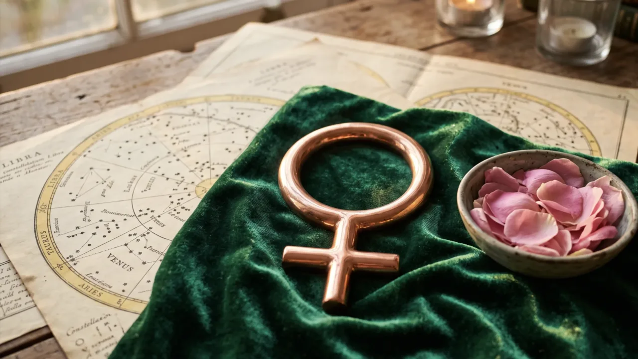 Símbolo astrológico de Vênus sobre veludo verde com pétalas de rosa e mapas estelares antigos, representando as previsões do horóscopo de hoje para a sexta-feira.