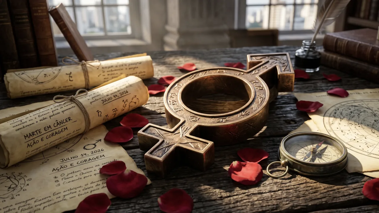 Símbolo astrológico de Marte esculpido em bronze sobre uma mesa rústica com pétalas vermelhas e pergaminhos, representando a regência da terça-feira no horóscopo de hoje.