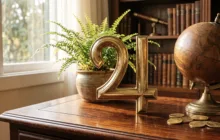 Símbolo astrológico de Júpiter em latão polido sobre mesa de mogno com globo vintage, representando a expansão e a sorte no horóscopo de hoje.