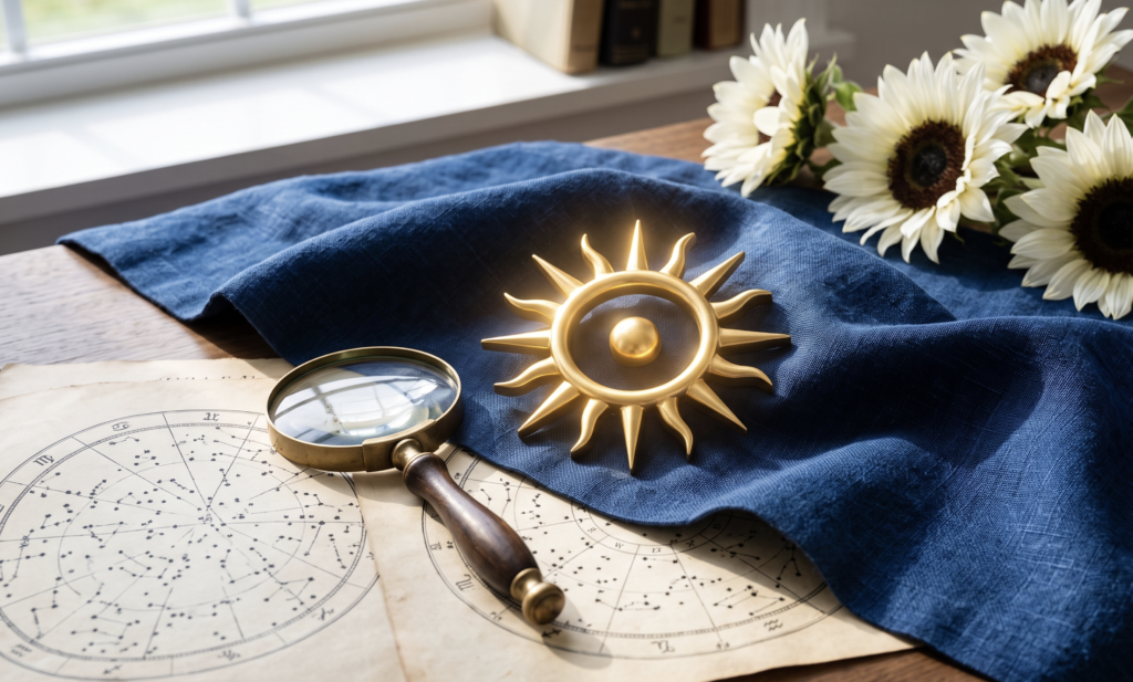 Horóscopo de hoje: Previsões completas para os 12 signos neste domingo, 5 de julho Símbolo astrológico do Sol irradiando luz sobre linho azul e girassóis brancos, representando a regência do domingo no horóscopo de hoje.