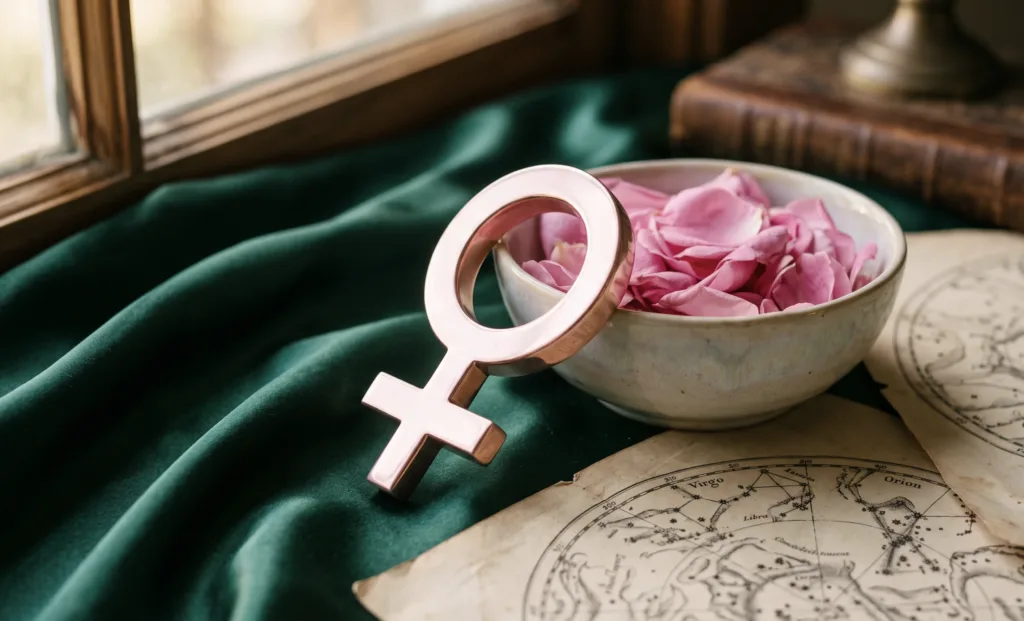 Símbolo astrológico de Vênus em ouro rosa sobre cetim verde com pétalas de rosas e mapas celestes antigos, ilustrando o horóscopo de hoje para a sexta-feira.