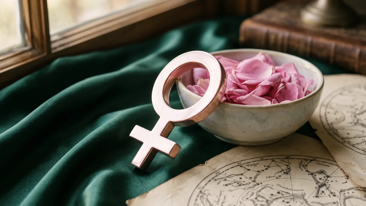 Símbolo astrológico de Vênus em ouro rosa sobre cetim verde com pétalas de rosas e mapas celestes antigos, ilustrando o horóscopo de hoje para a sexta-feira.