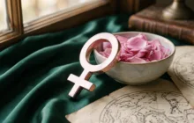 Símbolo astrológico de Vênus em ouro rosa sobre cetim verde com pétalas de rosas e mapas celestes antigos, ilustrando o horóscopo de hoje para a sexta-feira.