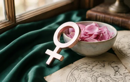 Símbolo astrológico de Vênus em ouro rosa sobre cetim verde com pétalas de rosas e mapas celestes antigos, ilustrando o horóscopo de hoje para a sexta-feira.