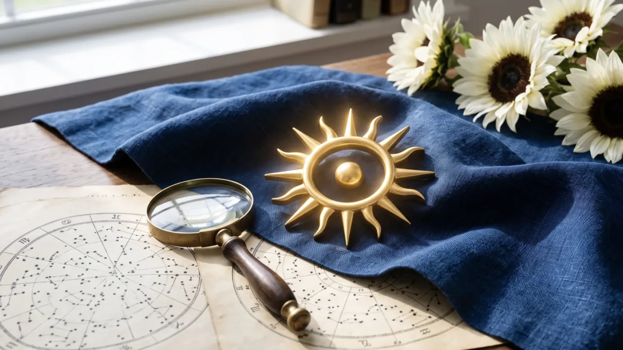 Símbolo astrológico do Sol irradiando luz sobre linho azul e girassóis brancos, representando a regência do domingo no horóscopo de hoje.