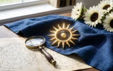 Símbolo astrológico do Sol irradiando luz sobre linho azul e girassóis brancos, representando a regência do domingo no horóscopo de hoje.