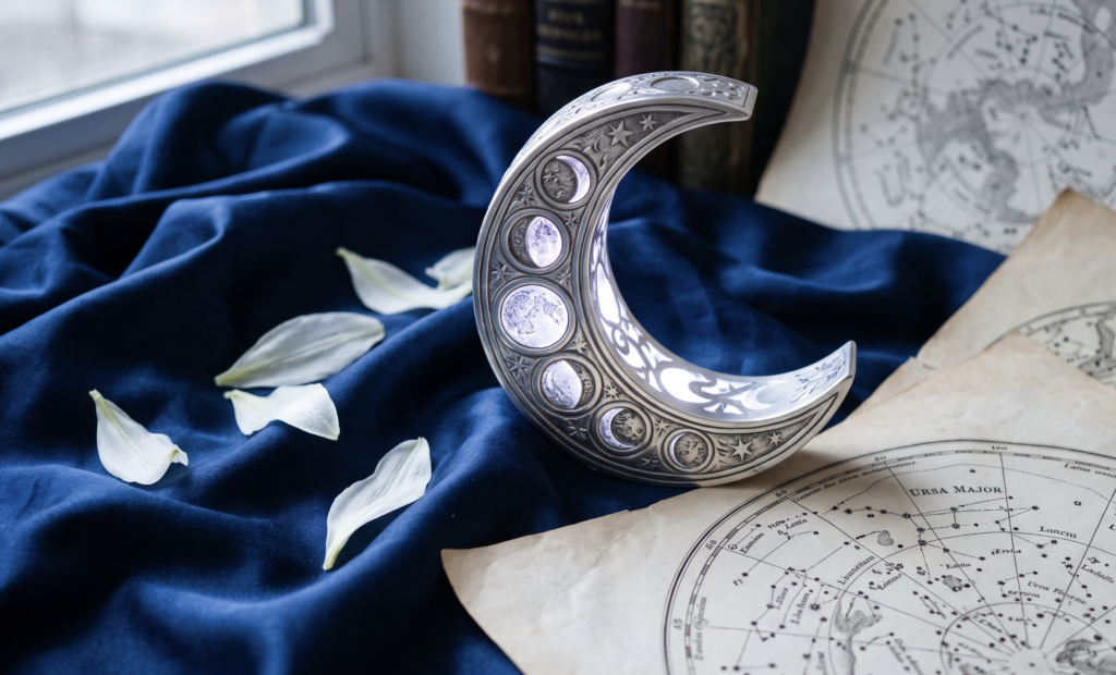 Símbolo astrológico da Lua crescente iluminado sobre seda azul-marinho e pétalas de lírios brancos, representando a regência da segunda-feira no horóscopo de hoje.