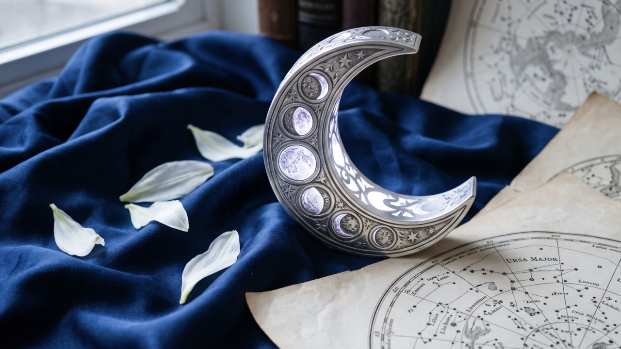 Símbolo astrológico da Lua crescente iluminado sobre seda azul-marinho e pétalas de lírios brancos, representando a regência da segunda-feira no horóscopo de hoje.