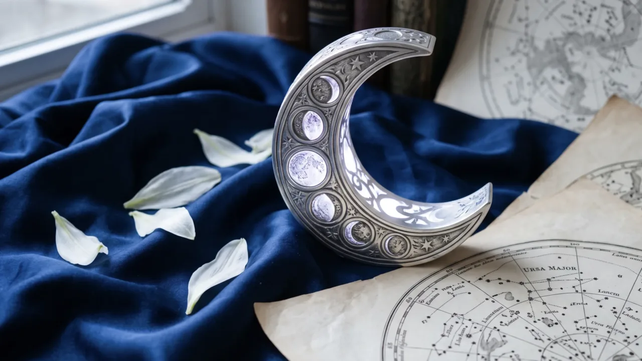 Símbolo astrológico da Lua crescente iluminado sobre seda azul-marinho e pétalas de lírios brancos, representando a regência da segunda-feira no horóscopo de hoje.