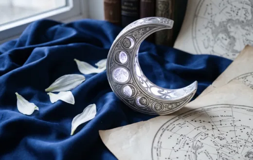 Símbolo astrológico da Lua crescente iluminado sobre seda azul-marinho e pétalas de lírios brancos, representando a regência da segunda-feira no horóscopo de hoje.