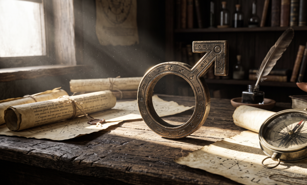 Horóscopo de hoje: Previsões completas para os 12 signos nesta terça-feira, 7 de julho Símbolo astrológico de Marte esculpido em bronze sobre uma mesa rústica com pergaminhos, representando a regência da terça-feira no horóscopo de hoje.