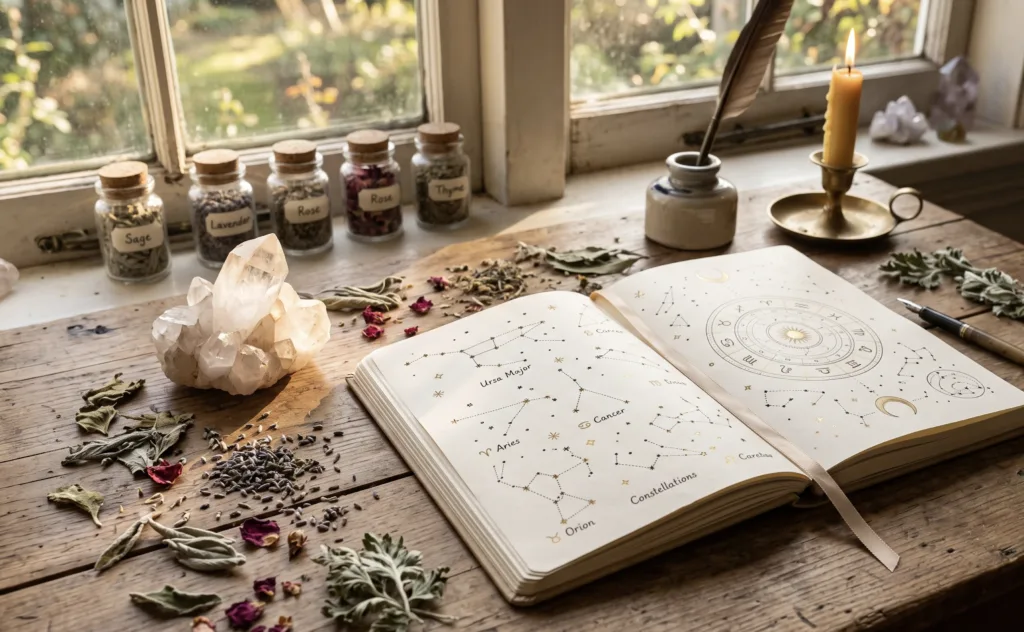 Livro com desenhos de constelações e cristais sobre uma mesa de madeira iluminada pelo sol da manhã.