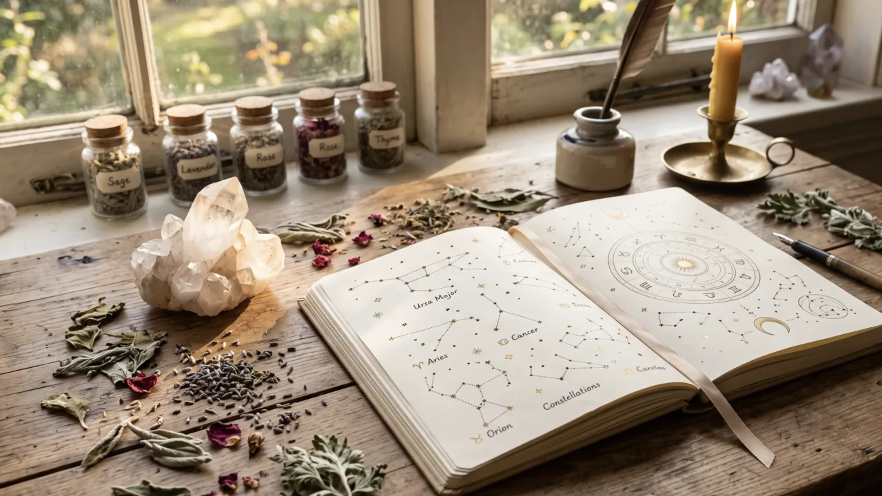 Livro com desenhos de constelações e cristais sobre uma mesa de madeira iluminada pelo sol da manhã.