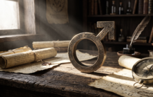 Símbolo astrológico de Marte esculpido em bronze sobre uma mesa rústica com pergaminhos, representando a regência da terça-feira no horóscopo de hoje.