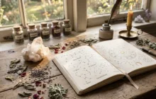Livro com desenhos de constelações e cristais sobre uma mesa de madeira iluminada pelo sol da manhã.