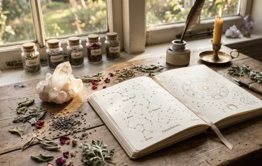 Livro com desenhos de constelações e cristais sobre uma mesa de madeira iluminada pelo sol da manhã.