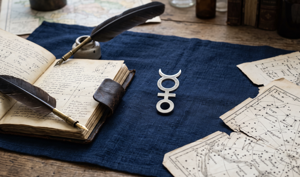 Horóscopo de hoje: Previsões completas para os 12 signos nesta quarta-feira, 8 de julho Símbolo astrológico de Mercúrio sobre linho azul com caderno antigo e pena, representando a regência da quarta-feira no horóscopo de hoje.