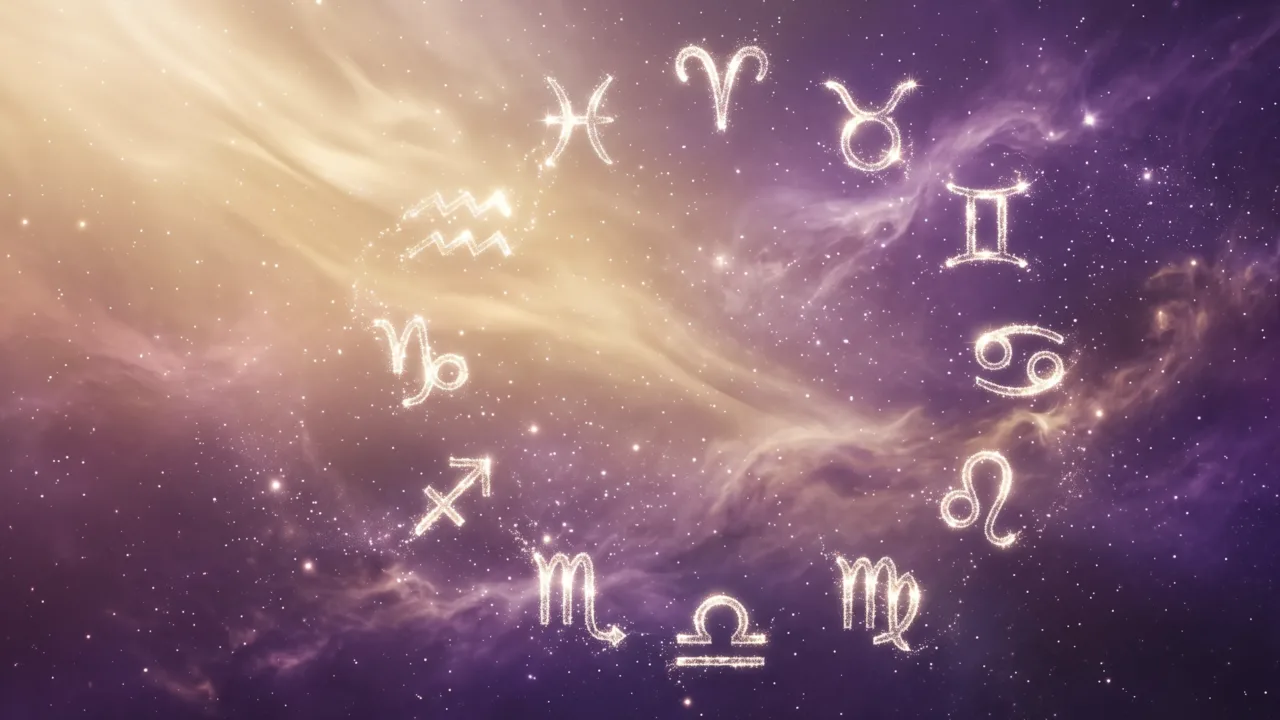 Símbolos do zodíaco brilhantes sobre um fundo cósmico em tons de dourado e roxo representativos do horóscopo de hoje.