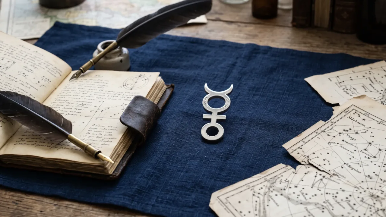 Símbolo astrológico de Mercúrio sobre linho azul com caderno antigo e pena, representando a regência da quarta-feira no horóscopo de hoje.