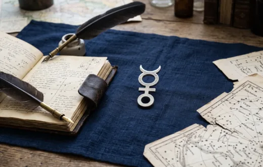 Horóscopo de hoje: Previsões completas para os 12 signos nesta quarta-feira, 8 de julho Símbolo astrológico de Mercúrio sobre linho azul com caderno antigo e pena, representando a regência da quarta-feira no horóscopo de hoje.