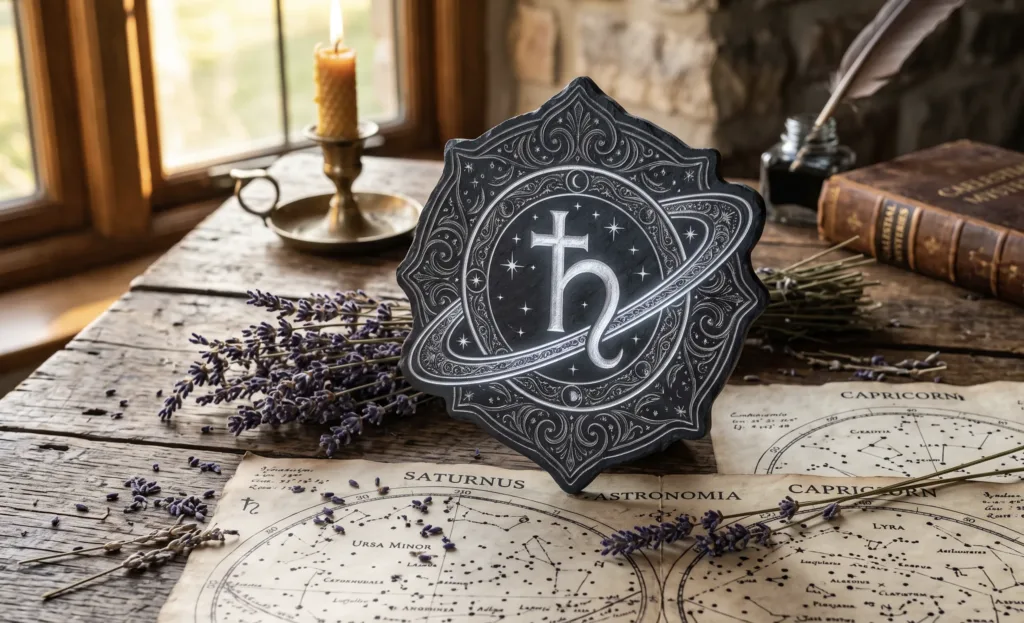 Símbolo astrológico de Saturno esculpido em ardósia com lavanda e mapas estelares, representando as previsões do horóscopo de hoje para o sábado.