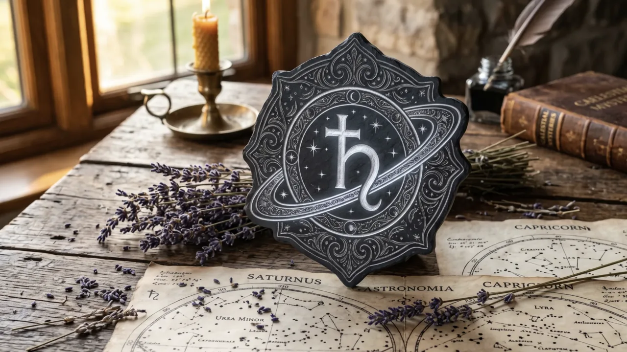 Horóscopo de hoje: Previsões completas para os 12 signos neste sábado, 11 de julho Símbolo astrológico de Saturno esculpido em ardósia com lavanda e mapas estelares, representando as previsões do horóscopo de hoje para o sábado.