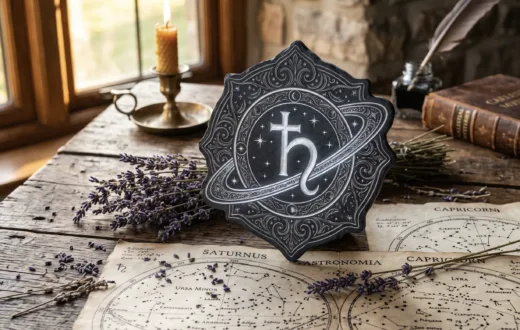 Símbolo astrológico de Saturno esculpido em ardósia com lavanda e mapas estelares, representando as previsões do horóscopo de hoje para o sábado.