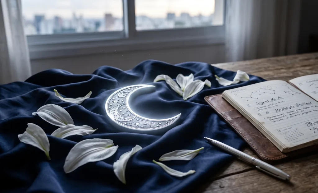 Símbolo astrológico da Lua crescente iluminado sobre seda azul-marinho com lírios brancos e uma agenda, representando a regência da segunda-feira no horóscopo de hoje.