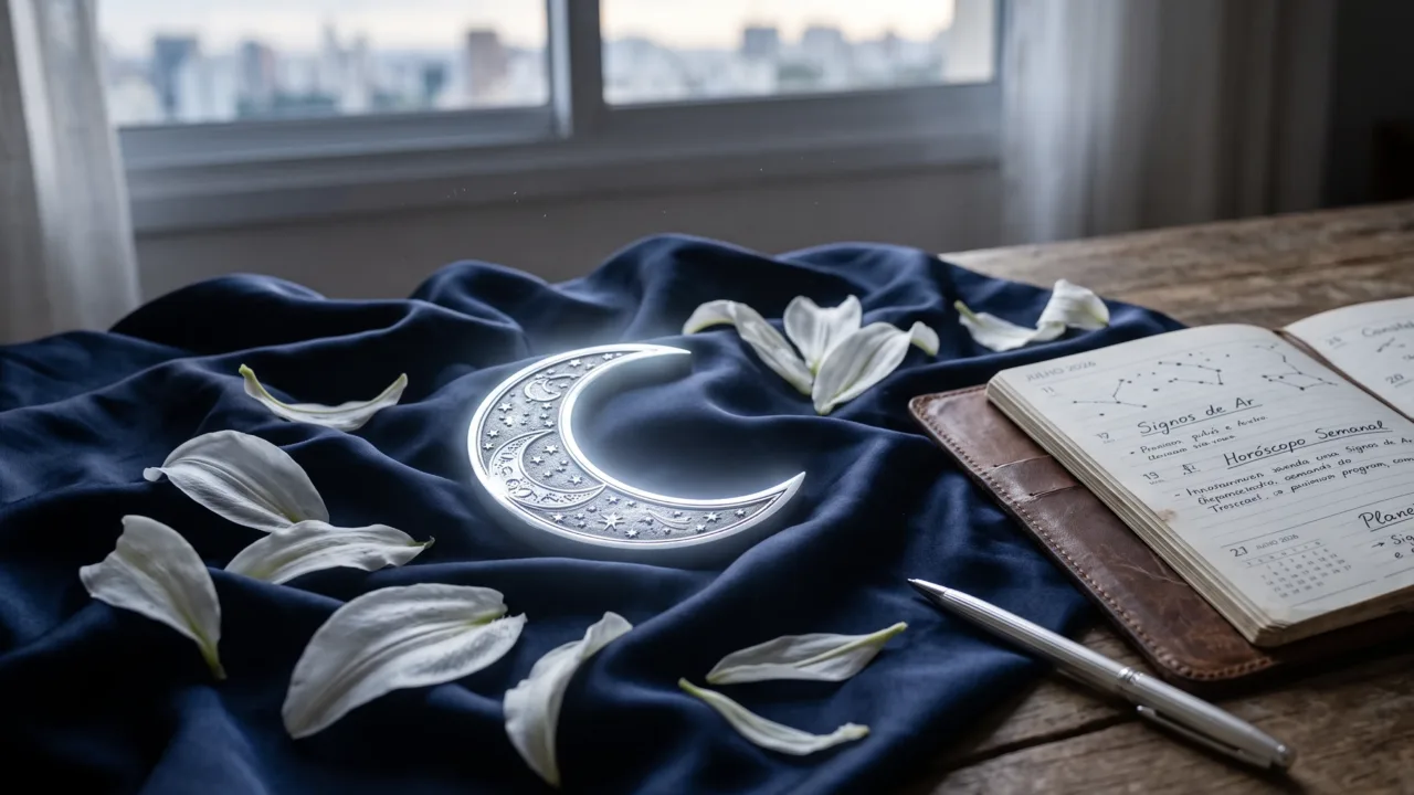Símbolo astrológico da Lua crescente iluminado sobre seda azul-marinho com lírios brancos e uma agenda, representando a regência da segunda-feira no horóscopo de hoje.