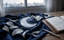 Símbolo astrológico da Lua crescente iluminado sobre seda azul-marinho com lírios brancos e uma agenda, representando a regência da segunda-feira no horóscopo de hoje.