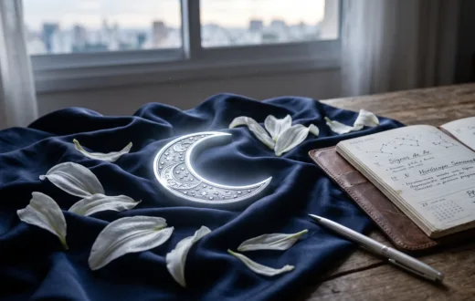 Símbolo astrológico da Lua crescente iluminado sobre seda azul-marinho com lírios brancos e uma agenda, representando a regência da segunda-feira no horóscopo de hoje.