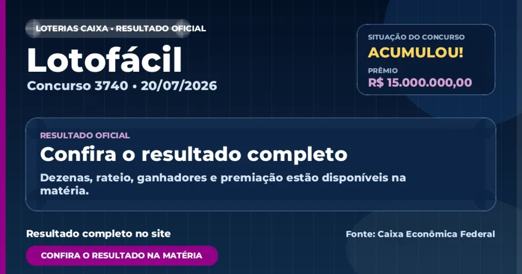 Resultado da Lotofácil de hoje, concurso 3740