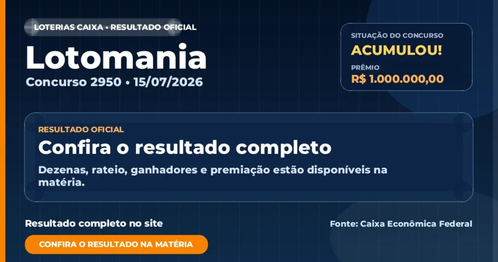 Resultado da Lotomania de hoje, concurso 2950